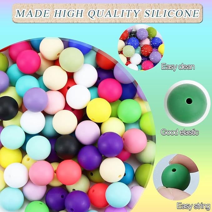 MAIBAOTA 120 Pcs Silicone Beads 24 Colors 15 mm Silcone Beads for Keychain/Bracelet/Pens Making Mixed Color Round Focal Rubber Beads for Crafts Making(with Boxed Kits)