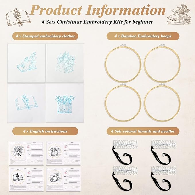 Unittype 4 Set Embroidery Kit for Beginners Adults Book Lovers Funny Cross Stitch Embroidery Kit with Bamboo Hoops Needles Threads Instructions Needle Threader(Stylish)