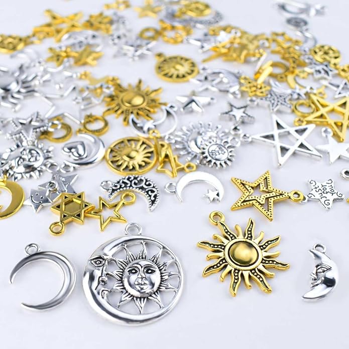 110 Pieces Sun and Moon Charms for Jewelry Making - Alloy Moon Pendants, Vintage Star Celestial Charms for Necklace, Bracelet, Earrings - Antique Silver Pendant Craft DIY Jewelry Making Supplies