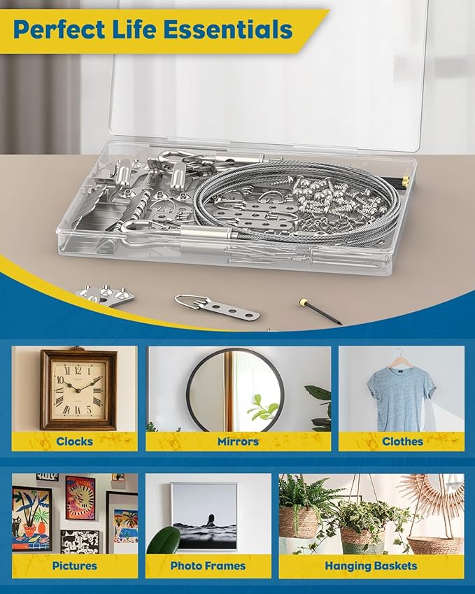Uniclife 150 Pcs Picture Hanging Kit, 6.6 ft x 1/16" Picture Hanging Wire, Picture Wire Hanging Kit with D Rings, Hooks, Nails & Screws, Picture Hangers for Photo Frame, Mirror, Curtain & Art