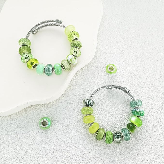 Large Hole Green European Beads for Pens - 100 Pieces Assorted Fairy Wand Garden Lampwork Craft Spacer Beads for DIY Charms Bracelet Necklace Decoration Jewelry Making Supplies