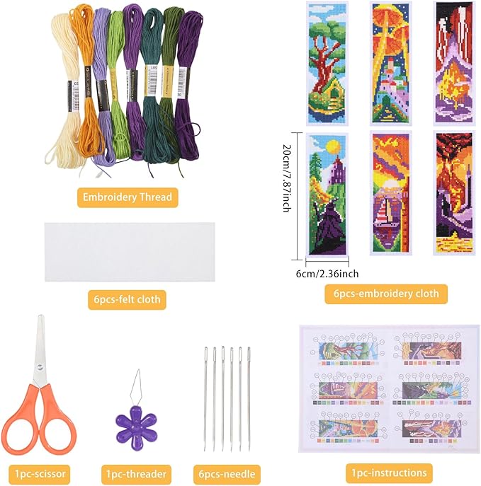 ORIGACH 6 Pcs Cross Stitch Bookmark Kit for Beginner Landscape Castle Stamped Embroidery Stitch Kits for Starter DIY Bookmarks Printed Cross Stitch Kits with 19 Colors Embroidery Floss