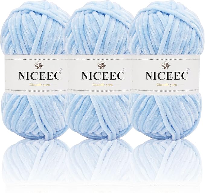NICEEC 3 Skeins Soft Chenille Yarn Blanket Yarn for Knitting Fancy Yarn for Crochet Weaving DIY Craft Total Length 3×85m (3×93yds, 3×50g)_Light Blue