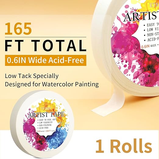 White Artist Tape for Watercolor Paper Drafting Art Low Tack Masking Tape Acid Free Painter Watercolor Tape for Painting Canvas Framing, 0.6 inch Wide 165FT Long Total