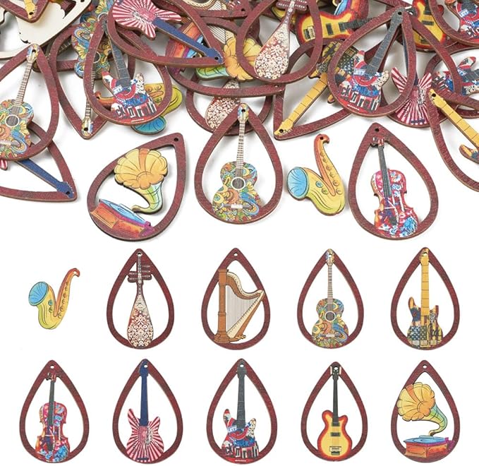 40pcs Wooden Earring Charms Big Flat Teardrop Printed Wood Musical Instrument Pendants Hollow Wood Cutouts for Necklace Keychain DIY Jewelry Craft Making