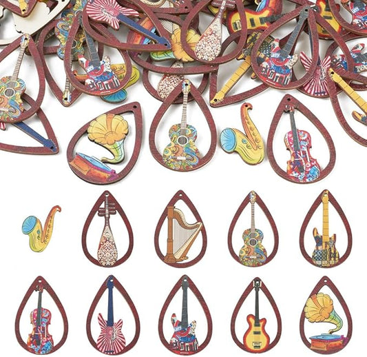 40pcs Wooden Earring Charms Big Flat Teardrop Printed Wood Musical Instrument Pendants Hollow Wood Cutouts for Necklace Keychain DIY Jewelry Craft Making