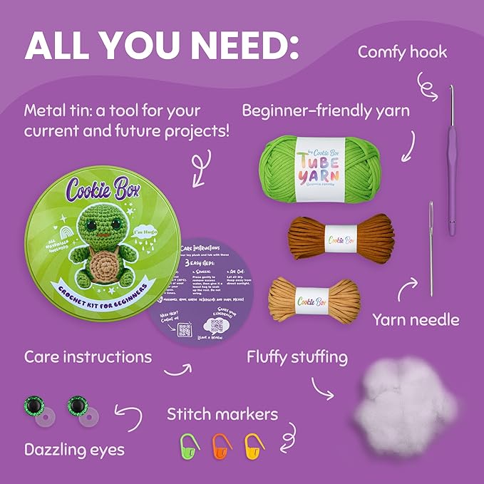 Cookie Box Original Crochet Kit for Beginners – Gift Set to Make Turtle Hugo Amigurumi Plushie – Easy DIY Crochet & Knitting Starter Kit with Video and PDF Tutorials