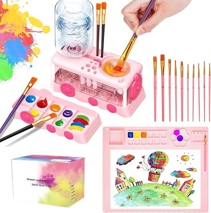 Paint Brush Cleaning Kit for Kids with 5 Brushes, Art Smock, Washable Mat, Guidebook, Spiral Brush Cleaner Jar for Watercolor(Pink)