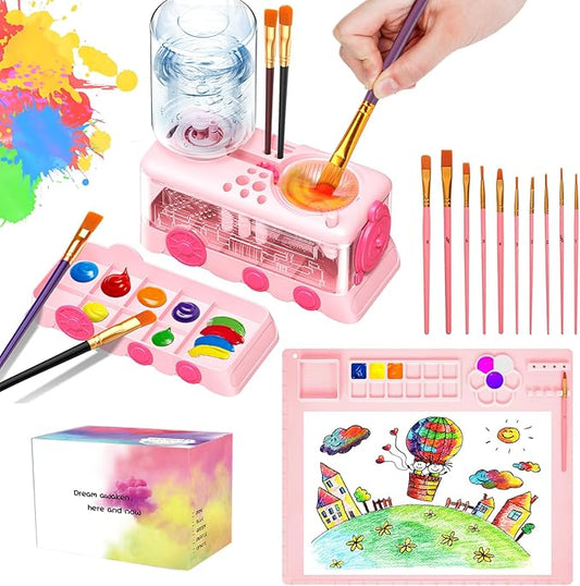 Paint Brush Cleaning Kit for Kids with 5 Brushes, Art Smock, Washable Mat, Guidebook, Spiral Brush Cleaner Jar for Watercolor(Pink)
