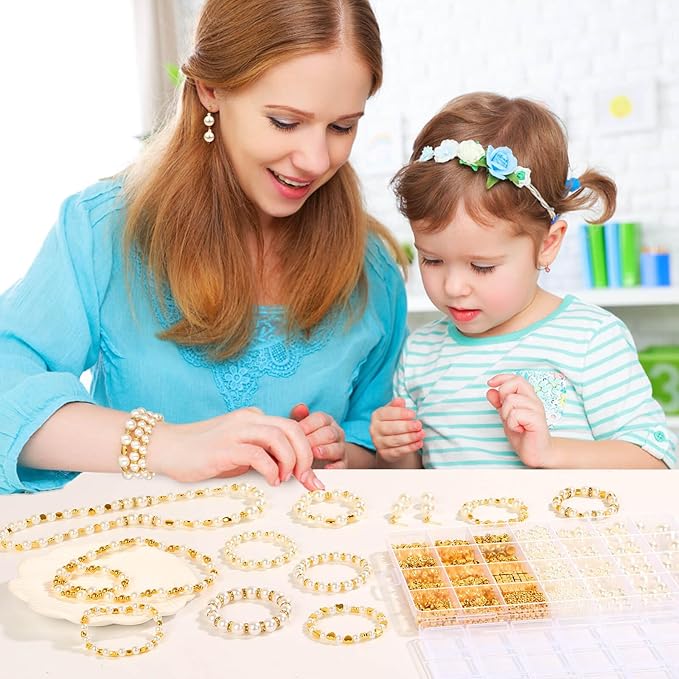1352 Piece Gold Spacer and Pearl Beads for Bracelets, Assorted Gold and Pearl Beads for Jewelry Making