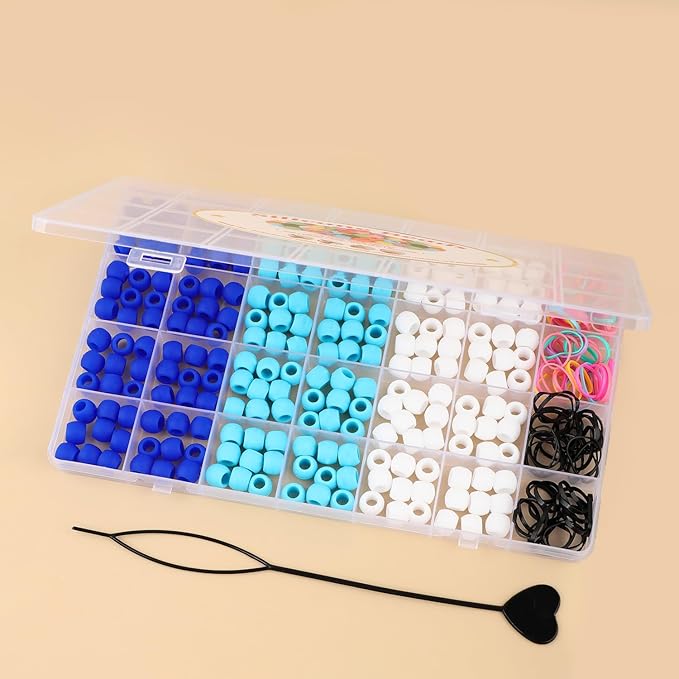 AD Beads 216PCS 6x9mm Soft Pony Silicone Beads for Hairstyle, Blue Series with 80 Elastic Bands, Tool and Storage Box Kit for Braids, Bracelet, Crafts.