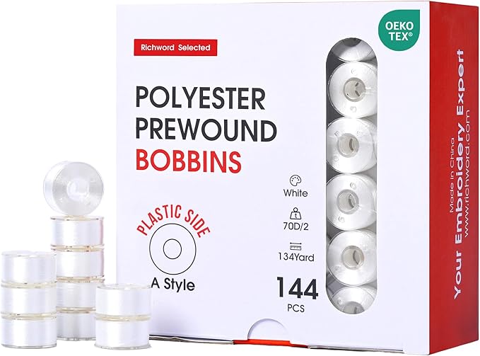 Poolin Prewound Bobbins Richword Selected 144pcs (Class 15) Size A Plastic Sided, 70D/2(60WT) Polyester Bobbin Thread for Single Needle Embroidery and Sewing Machine, White