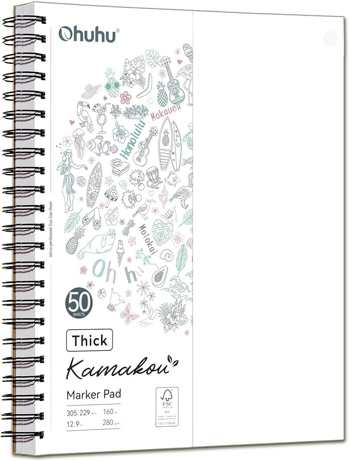 Ohuhu Double-Sided Marker Pad Art Sketchbook Bleedproof - 9"x12" Large Paper Size - 160 lb/280 gsm Heavyweight Smooth Drawing Paper - 50 Sheets/100 Pages - Spiral-Bound Sketch Book for Alcohol Markers
