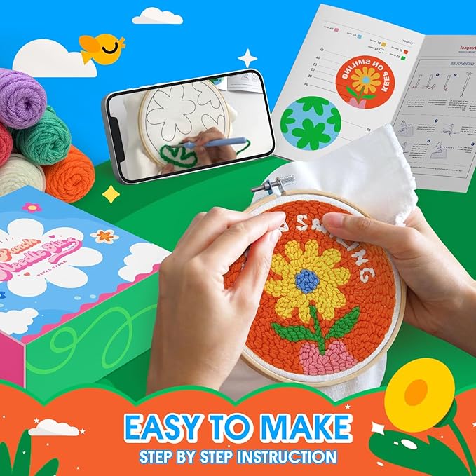 yuegool 2PCS Punch Needle Decoration Kit,Easy DIY Punch Needle Embroidery Kit for Beginners Adults Including Patterns, Tools, Yarns, Hoop, Instruction, Bracket Art Craft Supplies