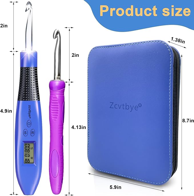 22 Size Crochet Hook Set with Light & Digital Counter, Ergonomic for Arthritic Hands, 2.0–14.0 mm Interchangeable Hooks, Rechargeable and Beginner-Friendly