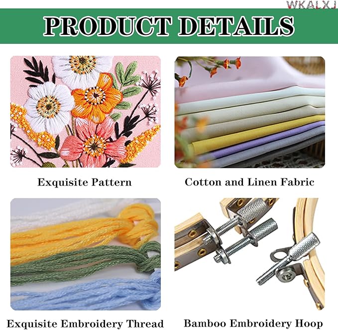 WKALXJ 4 Sets Embroidery Kits for Beginners Cross Stitch Kits Needlepoint Kits Crafts for Adults with Tools, Threads, Instructions, Needle Point Kits with Flower Stamped Patterns (Flowers B)