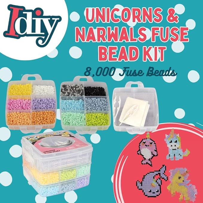 Fuse Beads Super Value Kit- 8000 Beads- Unicorn & Narwhals- Includes 12 Colors, 4 Peg Boards, Tweezers, Ironing Paper & Design templates- DIY Art Craft Project for Kids Vacation, Camp Or Holiday Gift