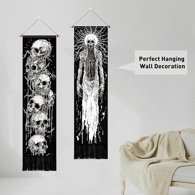PLIGREAT 2 Pack Skeleton Tapestry with Tassels, 52" x 13" Black and White Aesthetic Wall Hanging Goth Style Vertical Home Art Tapestry for Bedroom Living Room Long Narrow Wall Hanging Art Decor