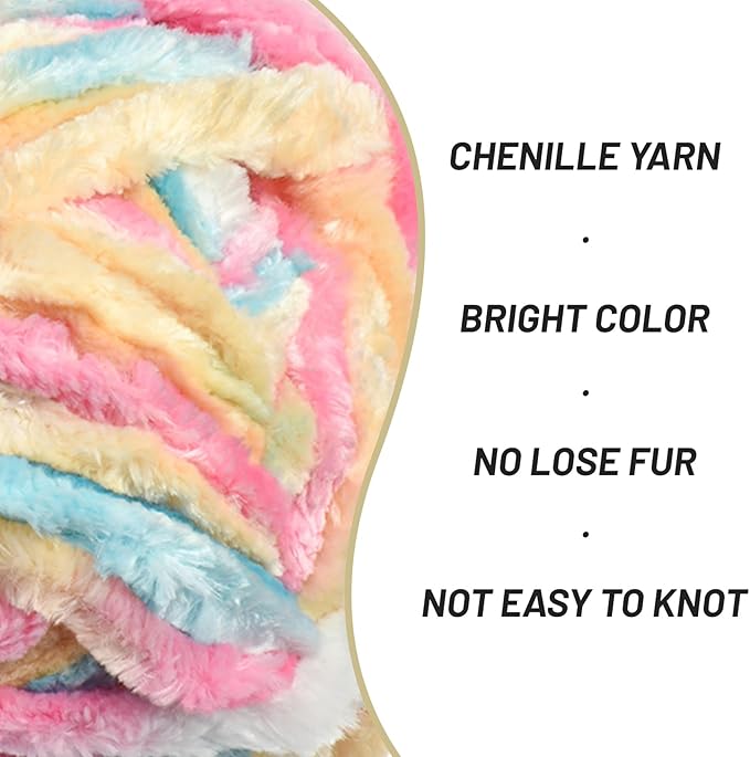 Fuzzy Chunky Chenille Yarn for Crocheting - Soft Plush Bulky Yarn for Hand Knitting, Baby Blankets, Amigurumi (100g, 49.2 yd) - Fluffy Velvet Crochet Yarn (Candy Color)