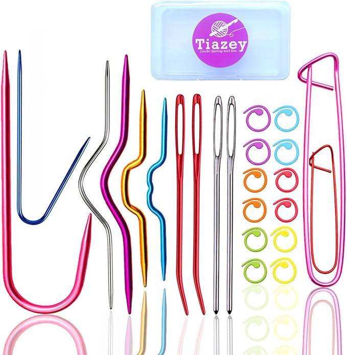 22pcs Aluminum Cable Needles & Stitch Holders Knitting Tools,Safety Pin Cable Stitches Hook,Large Eye Bent Tapestry Needles for Yarn Sewing Weaving Knitting Sweaters Blanket DIY