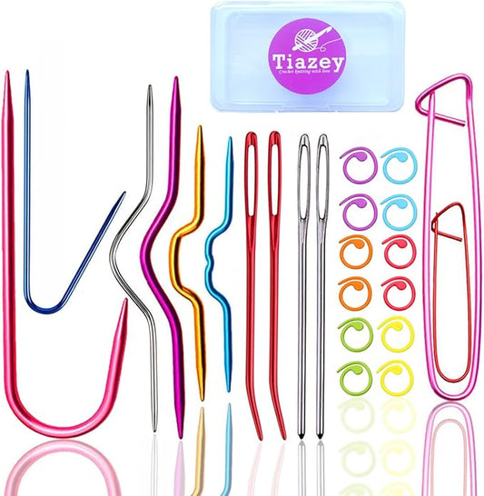 22pcs Aluminum Cable Needles & Stitch Holders Knitting Tools,Safety Pin Cable Stitches Hook,Large Eye Bent Tapestry Needles for Yarn Sewing Weaving Knitting Sweaters Blanket DIY