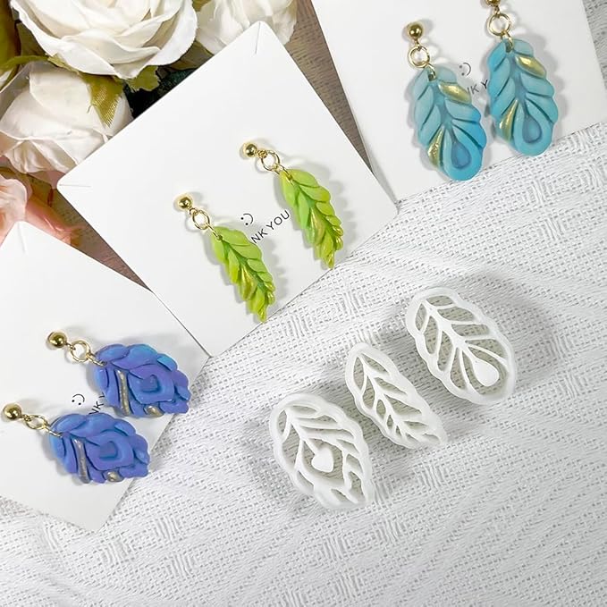 Xaekicr Polymer Clay Cutters Feather Leaf Set – 3PCS Boho Clay Earring Cutters for Polymer Clay Jewelry, Hollow Leaf Clay Cutters Shapes and Tools for DIY Earrings and Crafts