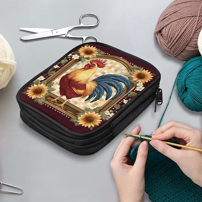 Hechitok Chicken Sunflower Crochet Hook Case with Zipper and Web Pockets for Crochet Needles/Knitting Accessories Lightweight Organizer Bag for Crochet Hook Kit Tools