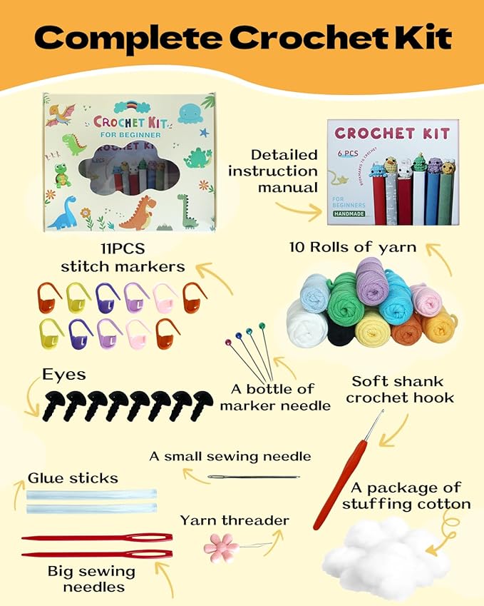 Fortilo Crochet Kit for Beginners 6PCS Crochet Animals Bookmarks with Step-by-Step Video Tutorials 30% Extra Yarn, Perfect for Gifts, Emotional Support, Ideal Knitting Kit for Adults, Kids