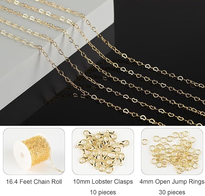 Jabogrii 16.4 Feet Heart Jewelry Chains 18K Gold Plated Brass Chain for Jewelry Making Women Necklace Bracelet DIY Craft Chain Bulk