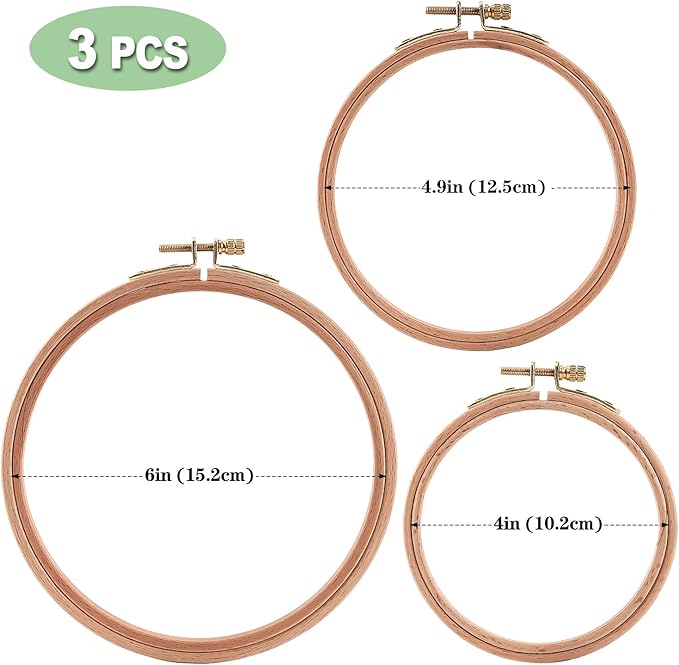 Sherbo 3 Pieces Beech Wood Embroidery Hoops Set By 4 Inch to 6 Inch Circle Hoop Ring Cross Stitch Cotton for DIY Embroidery Floss Starter of Sewing Art Kits Crafts