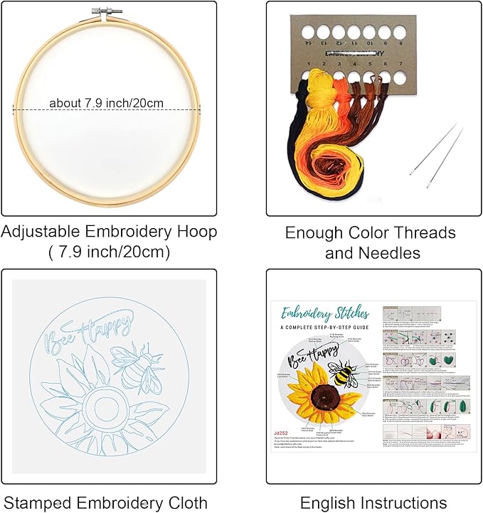 Louise Maelys Embroidery Kits for Beginners,Cross Stitch Kit for Adults,DIY Needlepoint with Bee Sunflower Pattern-Bee Happy