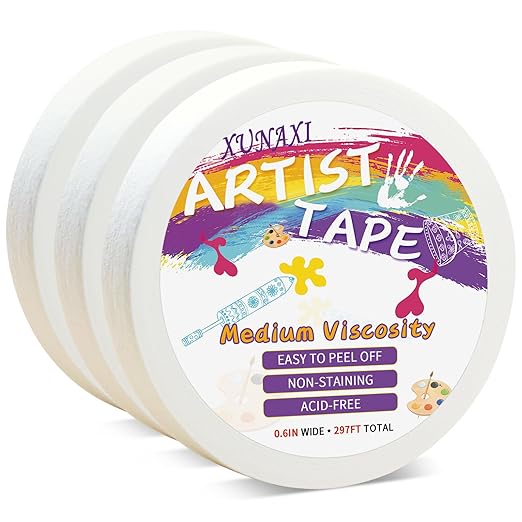 3 Packs Artist Tape Medium Tack White Art Tape for Watercolor Paper Drafting Art Painting Canvas Framing Acid Free Masking Tape- 0.6IN Wide 297FT Long Total