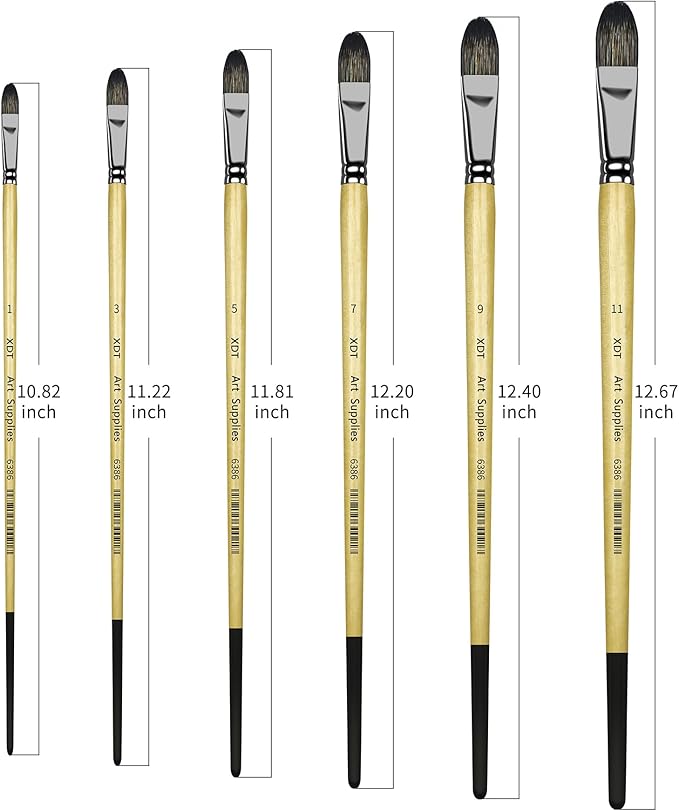 XDT#6386 Filbert Artist Paint Brush 6 Piece Set Medium Stiff Black Hog Bristle Extra Long Handle #1#3#5#7#9#11, Acrylic Oil Watercolor