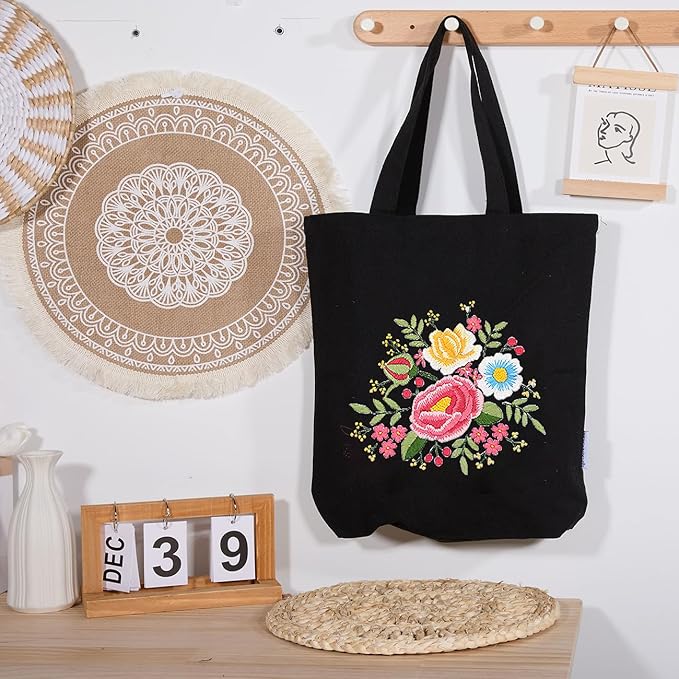 CREAWONDER Canvas Tote Bag Embroidery Kit with Pattern for Beginners, Arts and DIY Embroidery Crafts Kits for Adults, Include Instructions, Thimble, Embroidery Hoops, Color Threads and Tool