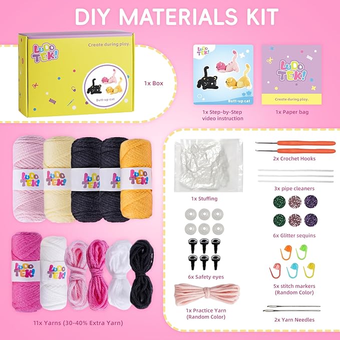 LUDOTEK Crochet Kit for Beginners, Crochet Animal Kits,Crocheting Kit for Starters with Step-by-Step Video Tutorials, Beginner Crochet Kits for Adults(3 Pack cat)