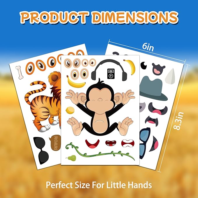 aowplc 48 make a safari animal sticker sheets - jungle & zoo party favors supplies - fun craft activities for kids ages 3+