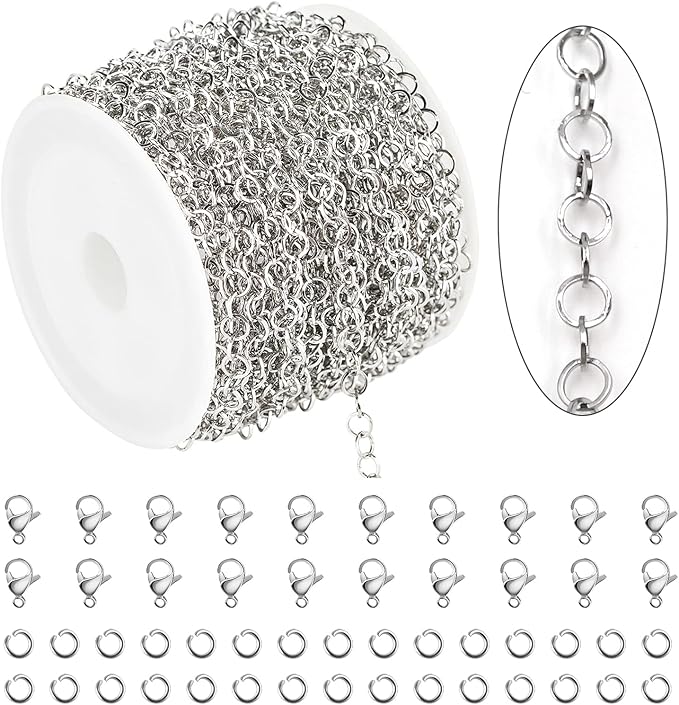 KYUNHOO 33 Feet Silver 304 Stainless Steel Chain for Jewelry Making 4MM Round Circle Link Chain Roll Soldered Jewelry Supplies Chain with Jump Rings and Lobster Clasps for Necklace Bracelet DIY