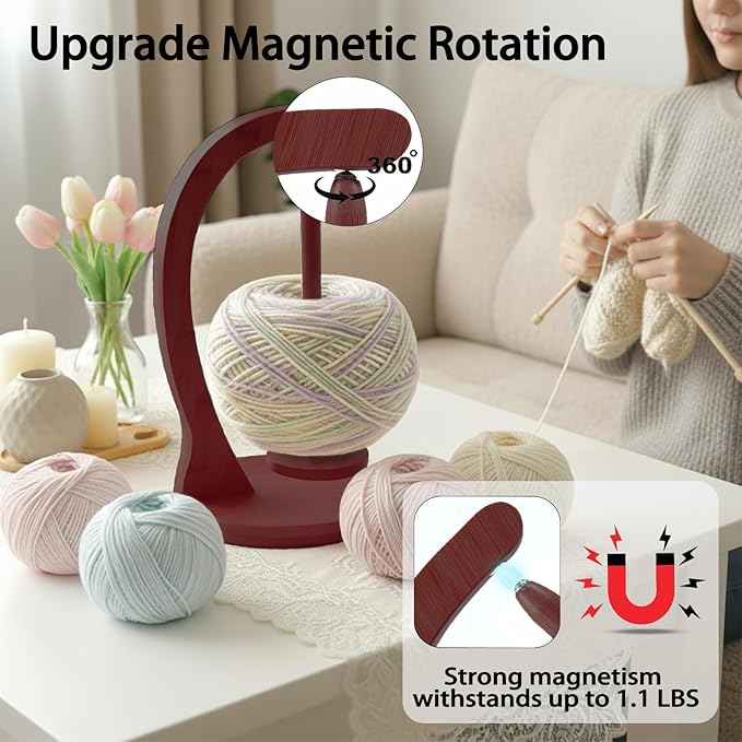 Yarn Holder for Crocheting and Knitting, Wooden Yarn Spinner with Magnetic Rotating Mechanism,Gift for Crocheter and Knitter（Brown）