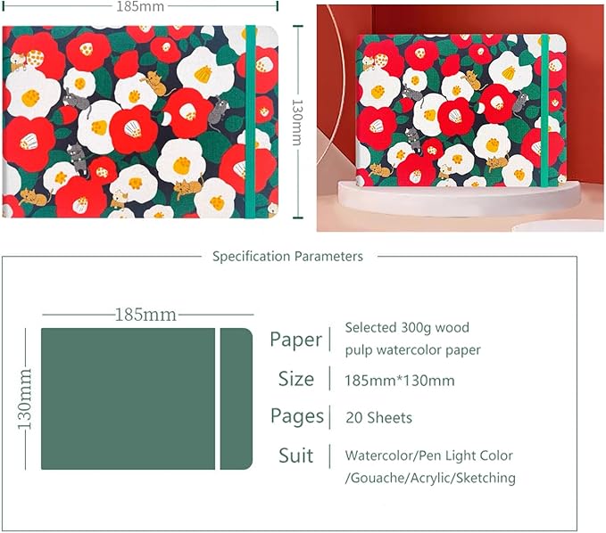 Handmade Watercolor Journal, 7.6x5.3'', 140lb/300gsm, Cold Press, 20 Sheets/40 Pages,Sketchbook,Travel Notebook, Suit for Watercolor/Pen Light Color/Gouache/Acrylic/Sketching