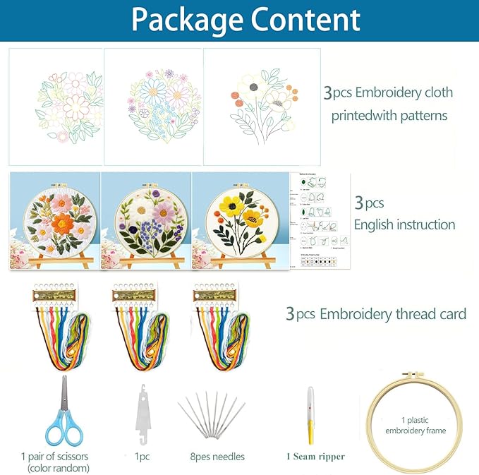 Zhenqing 3-Pack Floral Embroidery Kit for Beginners with Printed Patterns - Complete Embroidery Set with Hoop, Threads, Cotton Fabric & Tools for Home Decor (C0153)