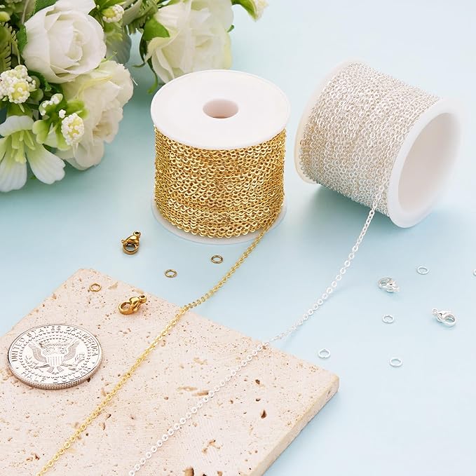 Kyutong 65.6 Feet Stainless Steel Jewelry Making Chains Bulk on Spool 2 Rolls Cross Cable Chain Links Gold Silver Craft Jewelry Supplies with Lobster Clasps Jump Rings for DIY Handcraft