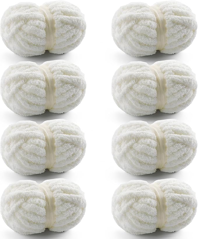 8 Pcs Chunky Yarn for Hand Knitting - Chunky Chenille Yarn for Crocheting - Fluffy Yarn for Crochet - Jumbo Yarn for Hand Knitting 28.4 yds 7.7 oz of Super Bulky Yarn (Milky White)