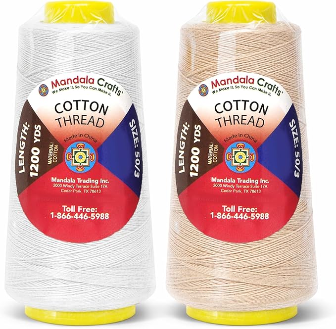 Mandala Crafts White and Cream Thread Cones for Machine and Hand Quilting - 4800 Yds 50 WT Multiple Purpose Mercerized 100% Cotton Threads for Sewing Machine Serger Embroidery