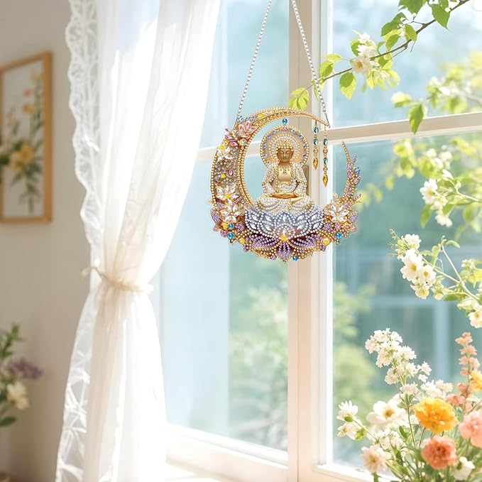 Lxmsja DIY Buddha Statue Diamond Painting Hanging Ornament, Double-Sided Acrylic Lotus Flower Diamond Art Kit, Special Shaped Suncatcher Hanging Pendant Window Art Kit 8x8 inch