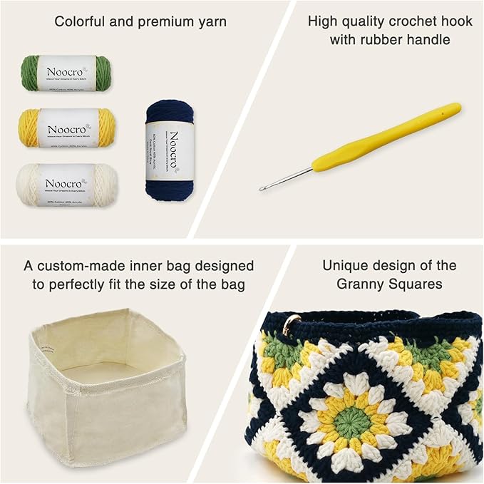 Noocro Crochet Kit Granny Square Shumai Bag, Purse, Complete DIY Kit, Detailed Instructions, Video Tutorials, for Beginners or Intermediate and Advanced Crocheters (Lemon Blue)