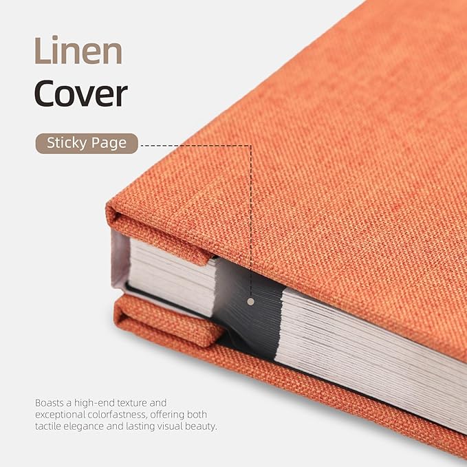 Vienrose Photo Album Self Adhesive 4x6 5x7 3x5 8x10 Scrapbook Album DIY Scrap Book with A Metallic Pen (11"x10.6" 60 Pages, Orange)