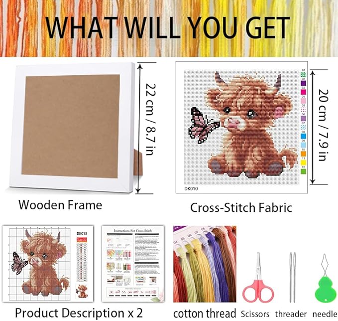 Cross Stitch Kits For Adults Beginners,Highland Cattle Stamped Cross Stitch Kits with Wooden Framed,Embroidery Kit For Beginners,Partial 11CT Cross-Stitch Arts and Crafts For Adults 7.9x7.9inch