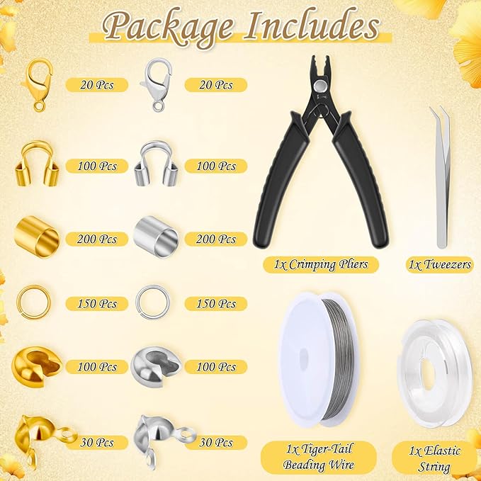 1200Pcs Crimp Beads Supplies for Jewelry Making, Including Crimp covers, Crimp Tubes, Bracelet Clasps and Closures, Crimp Ends, Jump Rings, Crimping Pliers and Beading Wire for Bracelets Making