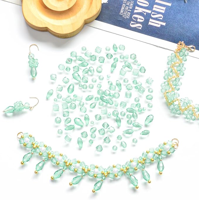 1500 Pcs Crystal Glass Beads for Jewelry Making – 12 Styles Bicone, Rondelle, Cube, Teardrop & 3mm Spacer Beads, DIY Bracelet Necklace Earring Craft Kit(Peppermint Green)