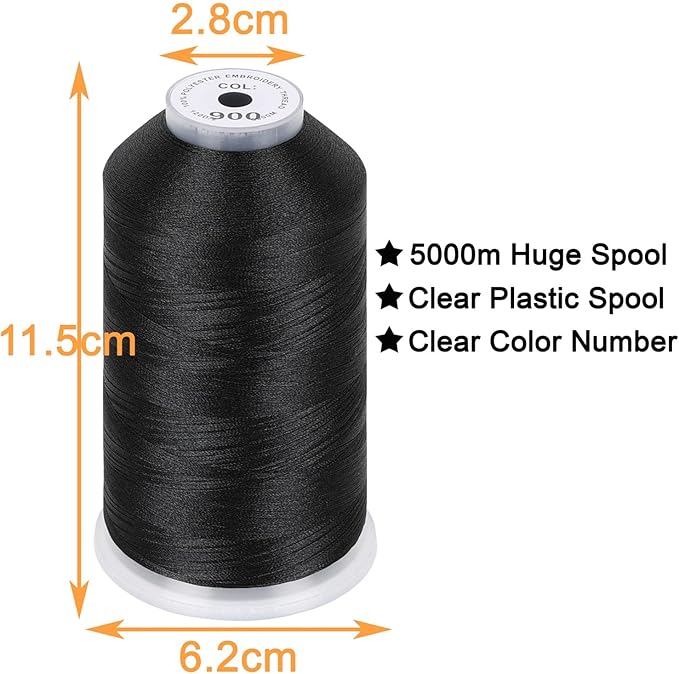 New brothread - 2 Huge Spools 5000M Each Polyester Embroidery Machine Thread 40WT for Commercial and Domestic Machines - Black